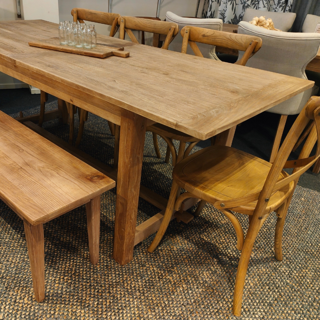 Farmhouse Dining Table Reclaimed Elm 2.1m + 5 Athena Antique Elm Cross Chair with Wooden Seat + Bench image 0